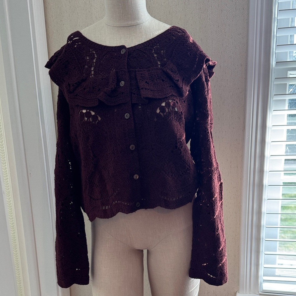 Ultra Pink Maroon Cropped Crochet Button-Up Sweater